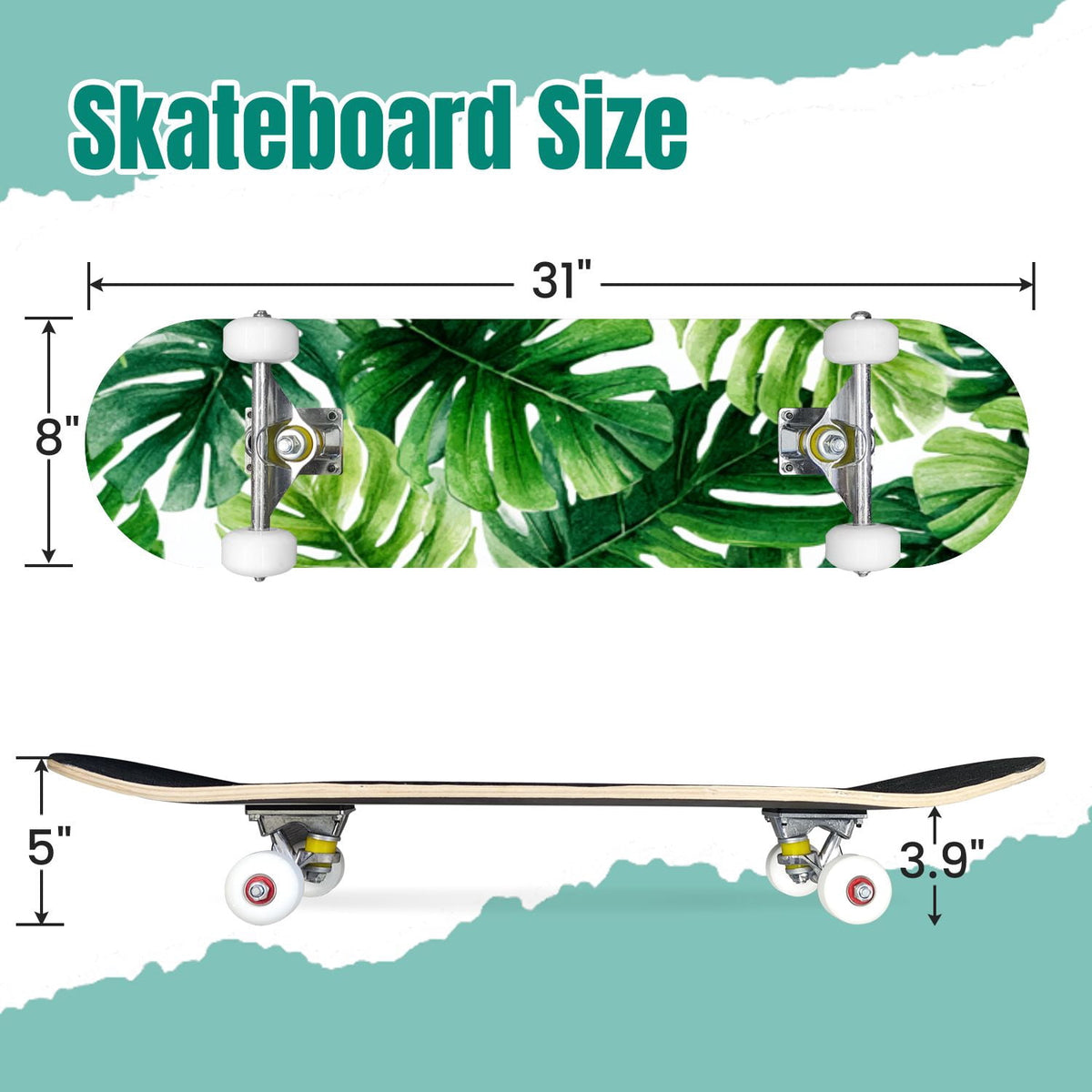 Autumn Forest Camouflage Oak Leaves Tree Branches 31" x 8" Complete Skateboard, 7-Ply Canadian Maple Double Kick Trick Board for Kids and Beginners Adult Gifts