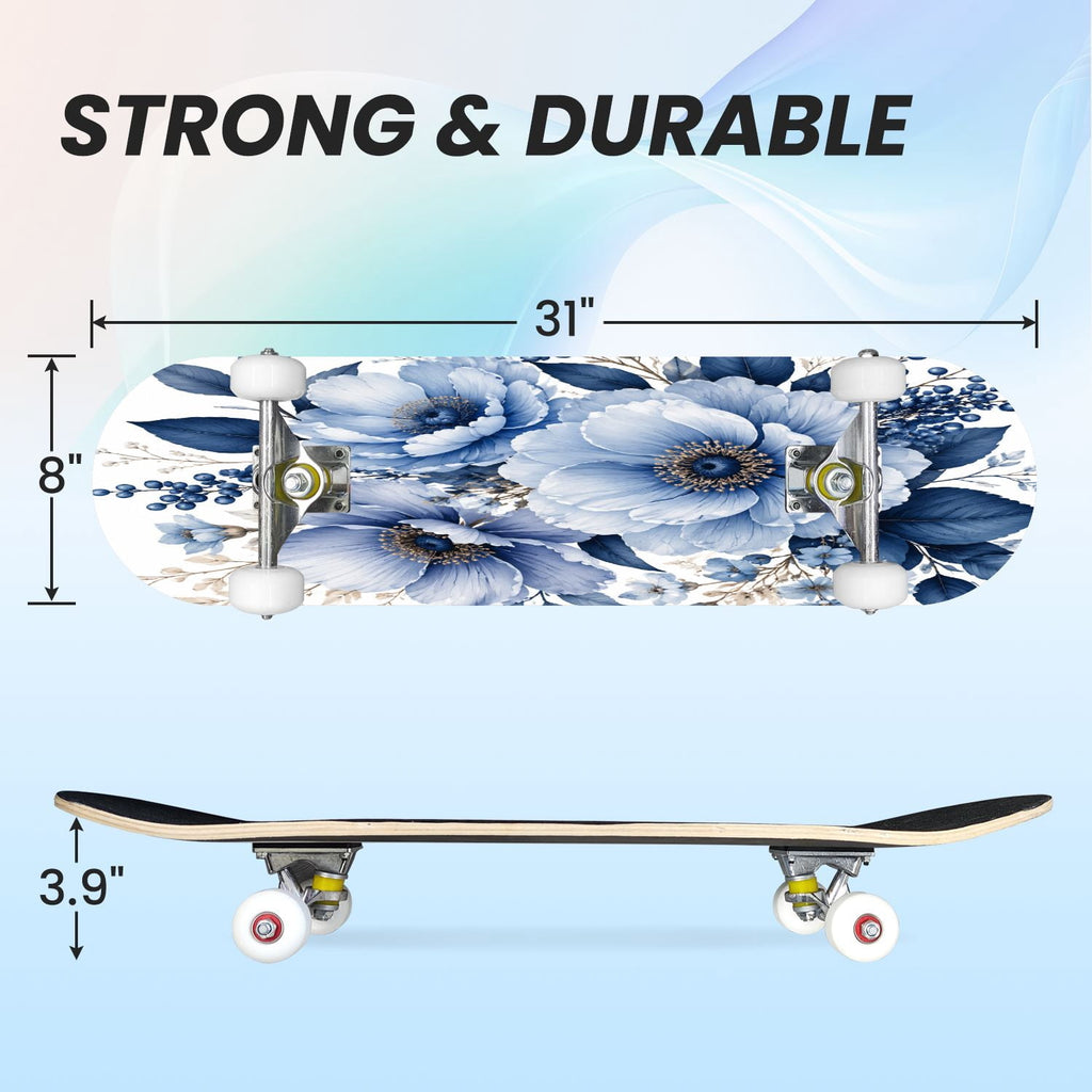 31"x8" Complete Skateboards for Beginners,Seamless Blue Watercolor Crabs Floral Accents Light Double Kick 7 Ply Canadian Maple Deck Skateboard with Wheels, Gifts for Kids Teens