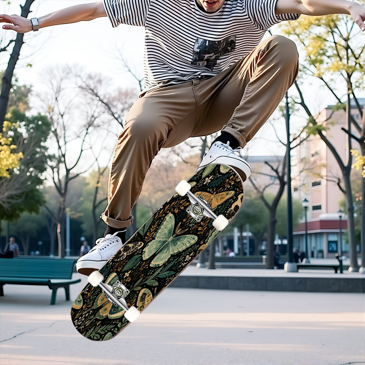 31"x8" Complete Skateboards for Beginners, Butterfly Garden Vintage Botanical Motifs Dark Green Teal Double Kick 7 Ply Canadian Maple Deck Skateboard with Wheels, Gifts for Kids Teens