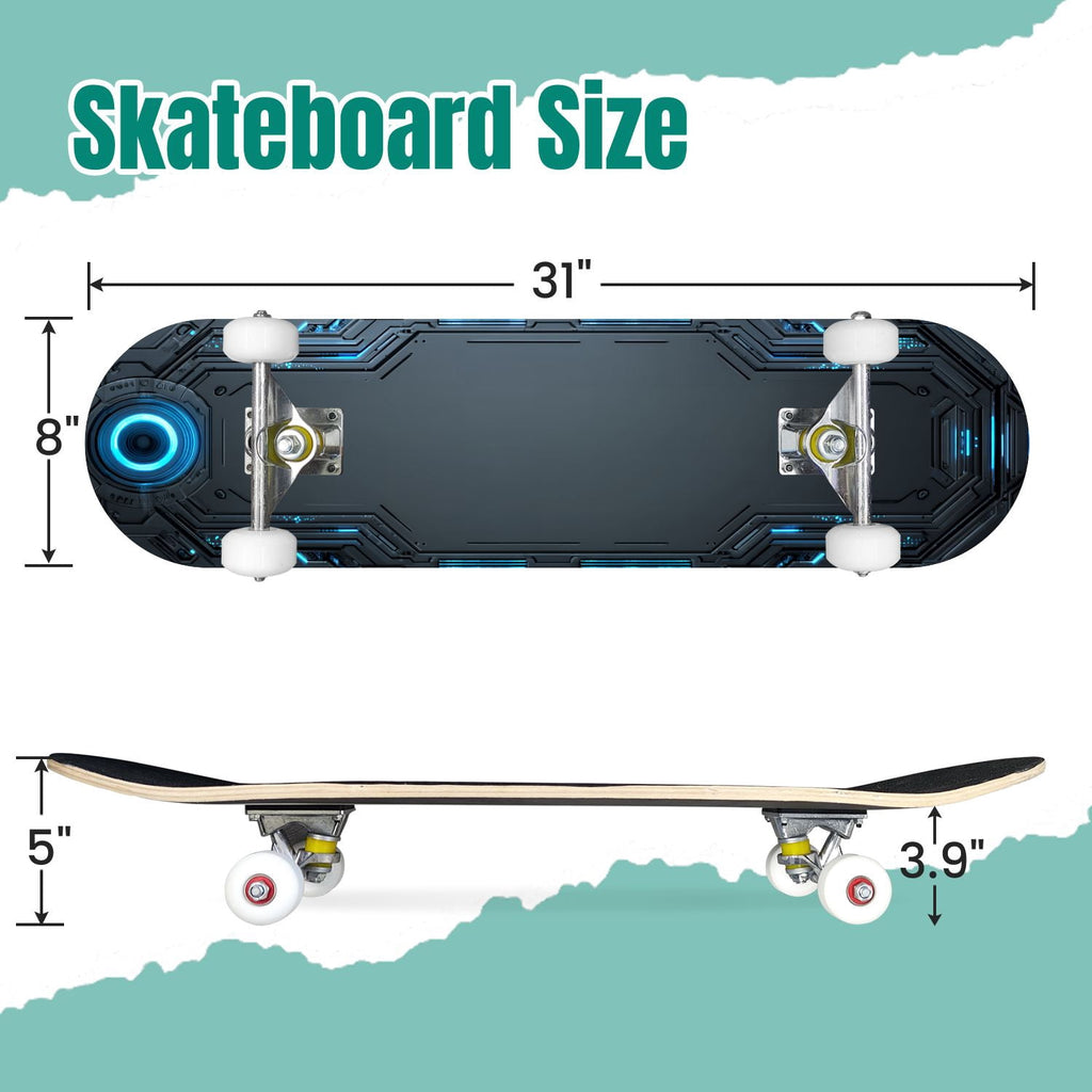 Futuristic Glowing Orange Neon Lines Dark Metallic Panels 31" x 8" Complete Skateboard, 7-Ply Canadian Maple Double Kick Trick Board for Kids and Beginners Adult Gifts