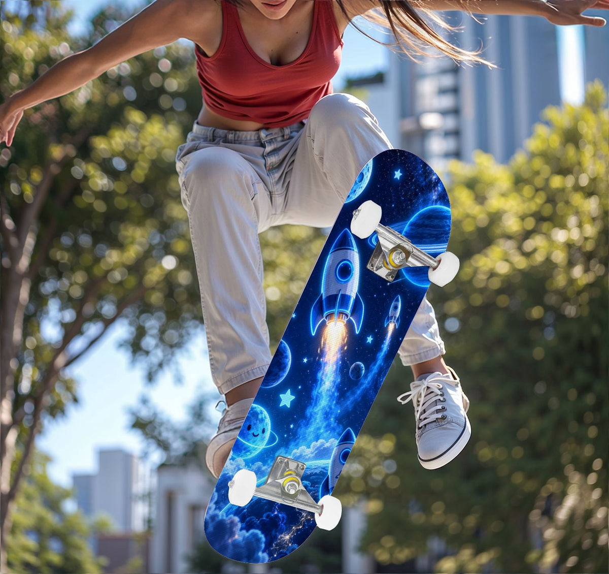 Complete Skateboard Futuristic Space 31 Inch 7-Ply Maple Skateboard with PU Wheels and Aluminum Trucks, Ready-to-Ride Skateboard for Beginners, Teens and Adults