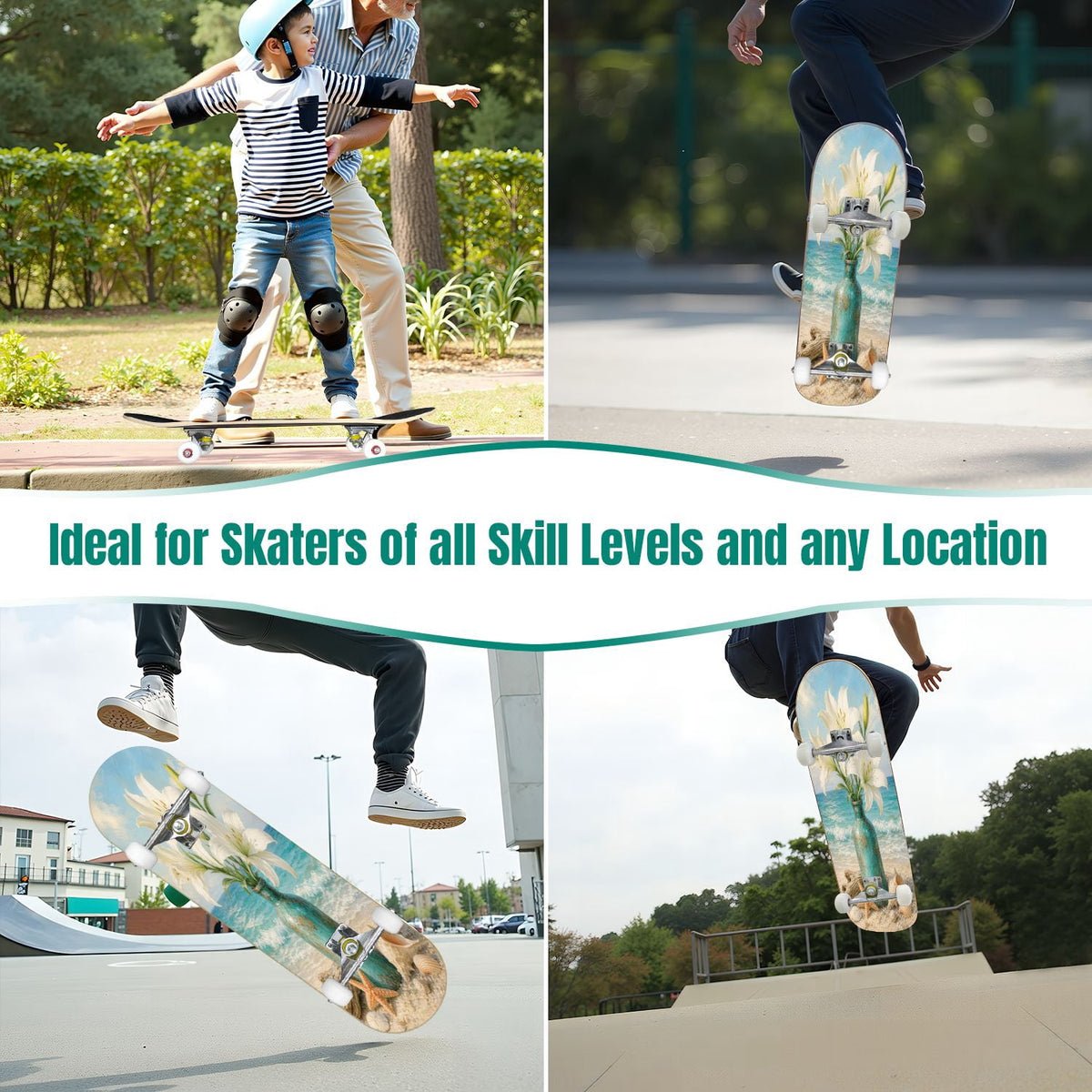White Birch Tree Bark Natural Knots Horizontal Lines 31" x 8" Complete Skateboard, 7-Ply Canadian Maple Double Kick Trick Board for Kids and Beginners Adult Gifts