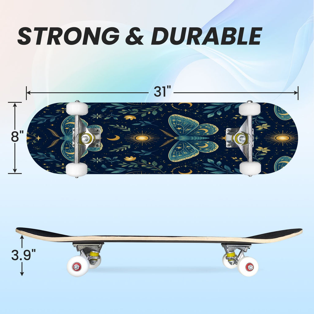 31"x8" Complete Skateboards for Beginners, Blue Moth Moonlight Flowers Mushrooms Forest Double Kick 7 Ply Canadian Maple Deck Skateboard with Wheels, Gifts for Kids Teens