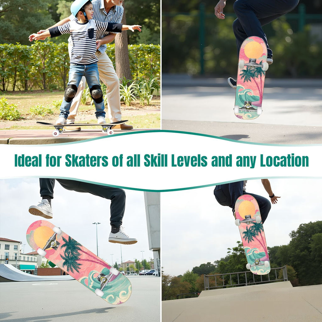 31"x8" Complete Skateboards for Beginners, Abstract Wavy Purple Beige Zebra Design Double Kick 7 Ply Canadian Maple Deck Skateboard with Wheels, Gifts for Kids Teens
