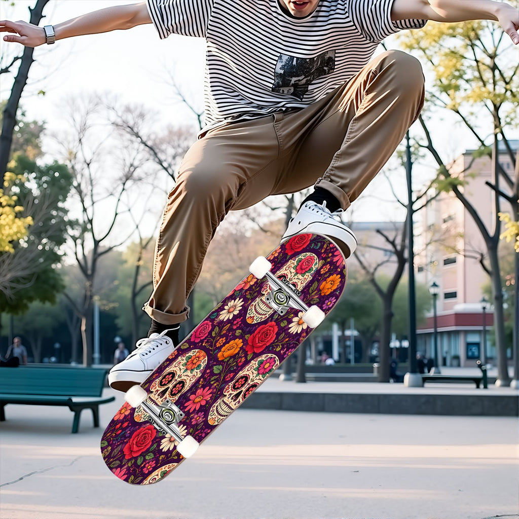 31"x8" Complete Skateboards for Beginners, Colorful Sugar Skulls Floral Patterns Mexican Double Kick 7 Ply Canadian Maple Deck Skateboard with Wheels, Gifts for Kids Teens