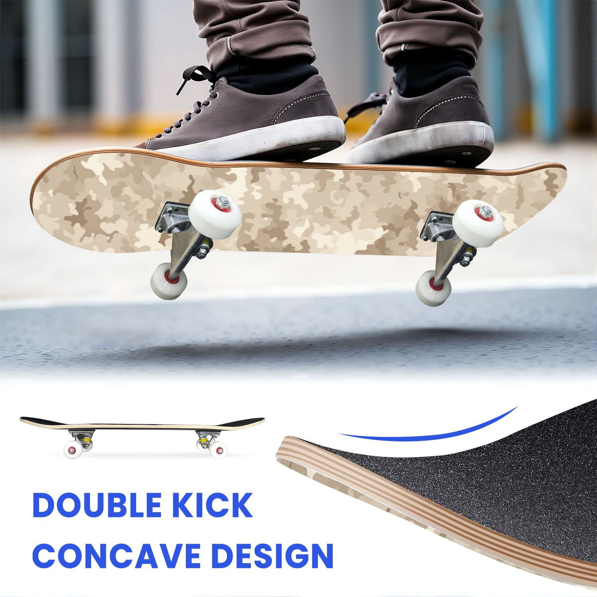 31"x8" Complete Skateboards for Beginners,Desert Camouflage Beige Tan Cream Organic Abstract Shapes Double Kick 7 Ply Canadian Maple Deck Skateboard with Wheels, Gifts for Kids Teens
