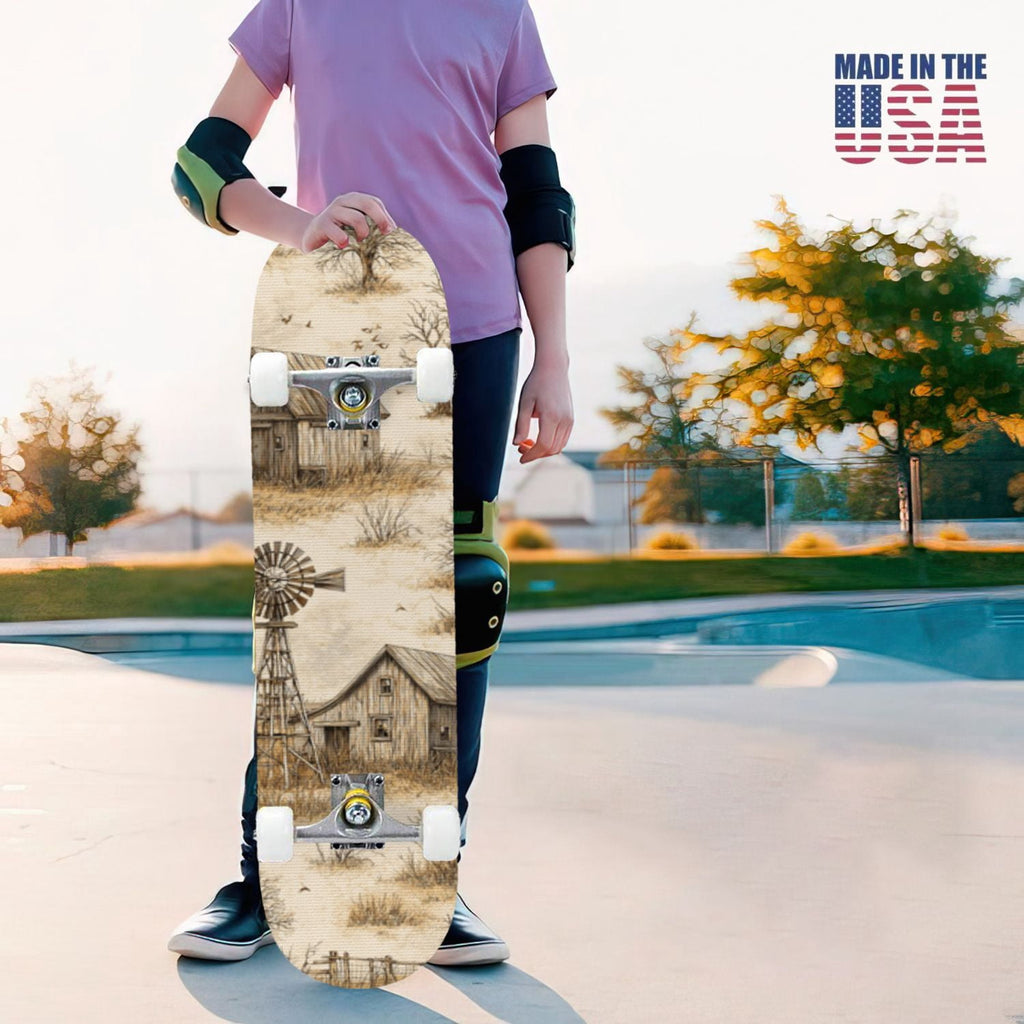 31"x8" Complete Skateboards for Beginners,Barn Windmill Artwork Rustic Barn Wood Farm Windmill Double Kick 7 Ply Canadian Maple Deck Skateboard with Wheels, Gifts for Kids Teens