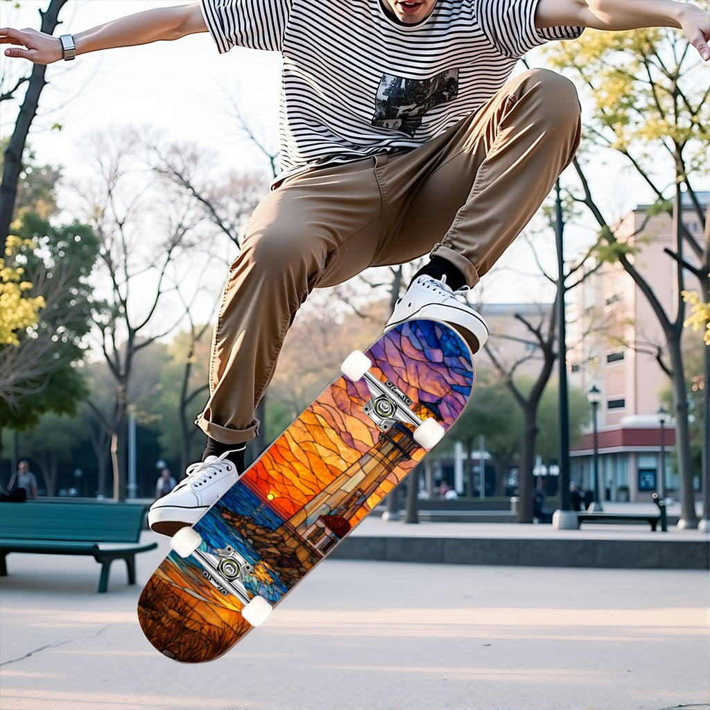 31"x8" Complete Skateboards for Beginners, White Birch Tree Bark Natural Knots Horizontal Lines Double Kick 7 Ply Canadian Maple Deck Skateboard with Wheels, Gifts for Kids Teens