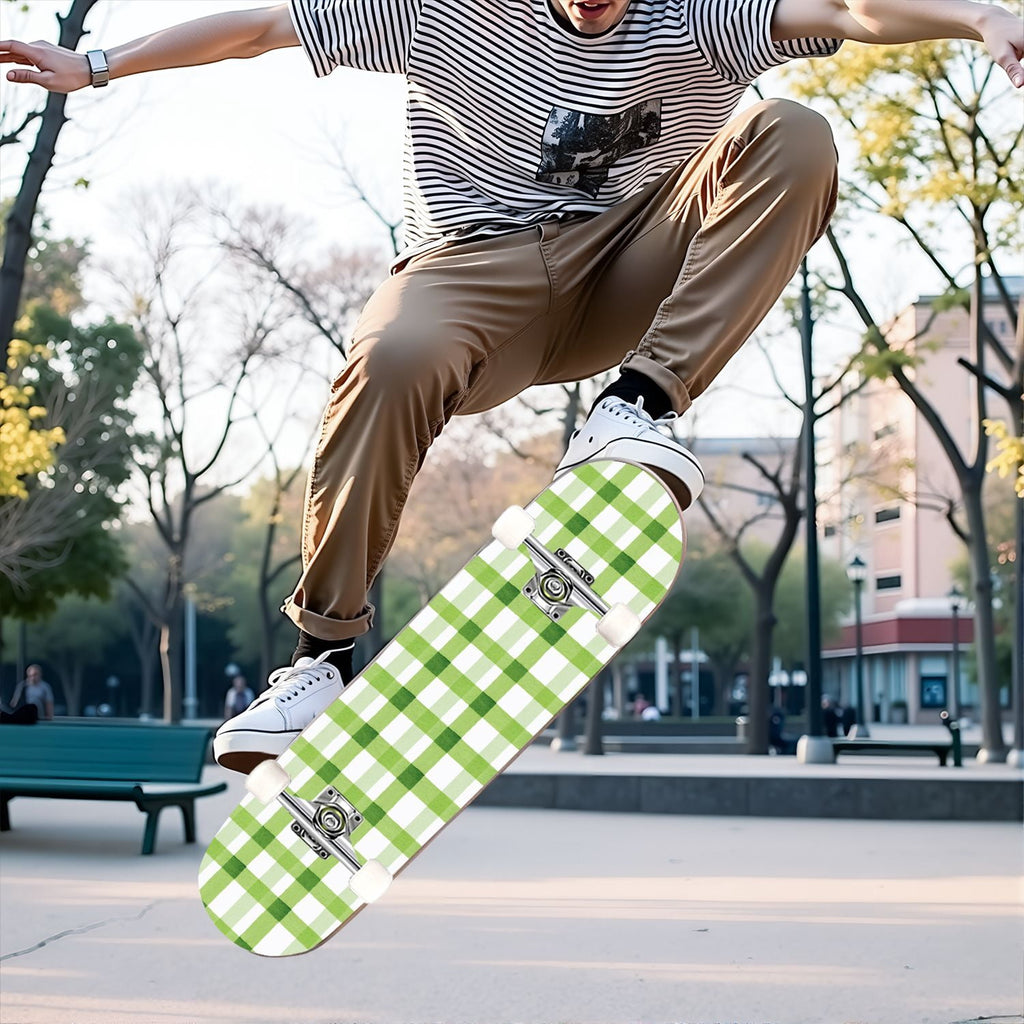 31"x8" Complete Skateboards for Beginners,Green White Plaid Checkered Watercolor Double Kick 7 Ply Canadian Maple Deck Skateboard with Wheels, Gifts for Kids Teens