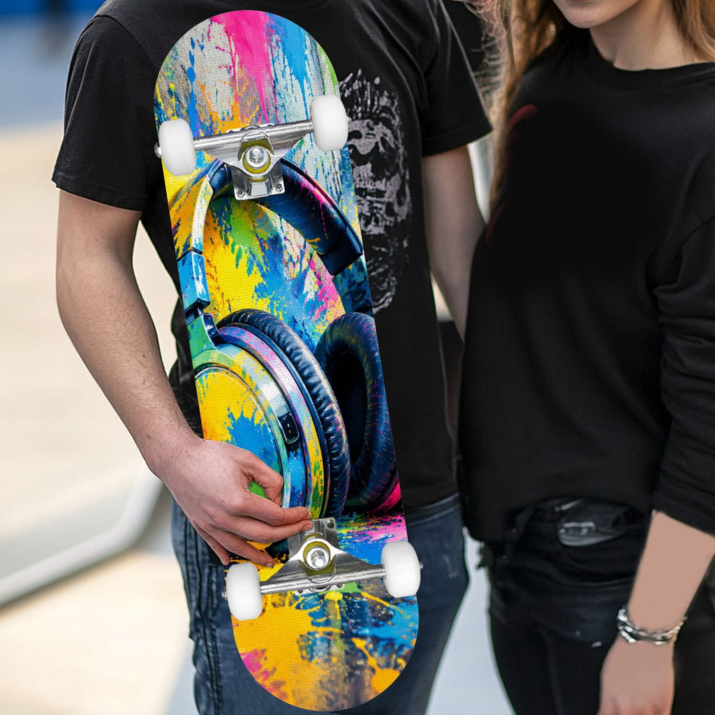 Complete Skateboard Colorful Splash Art Headphones 31 Inch 7-Ply Maple Skateboard with PU Wheels and Aluminum Trucks, Ready-to-Ride Skateboard for Beginners, Teens and Adults