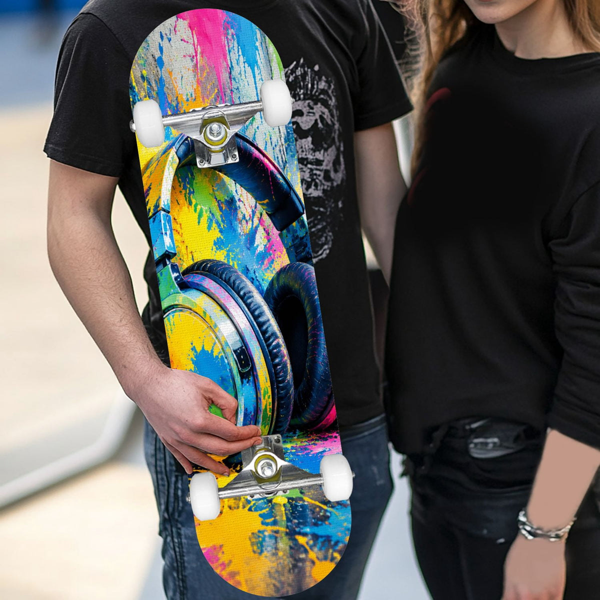 Complete Skateboard Colorful Splash Art Headphones 31 Inch 7-Ply Maple Skateboard with PU Wheels and Aluminum Trucks, Ready-to-Ride Skateboard for Beginners, Teens and Adults