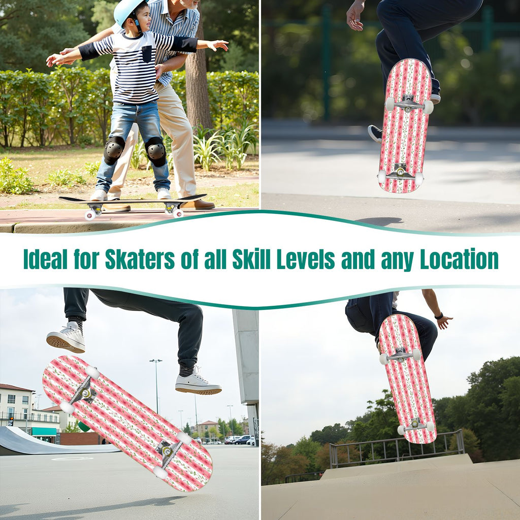 31"x8" Complete Skateboards for Beginners, Pink Floral Striped Delicate Leaves Flowers Botanical Double Kick 7 Ply Canadian Maple Deck Skateboard with Wheels, Gifts for Girls Teens