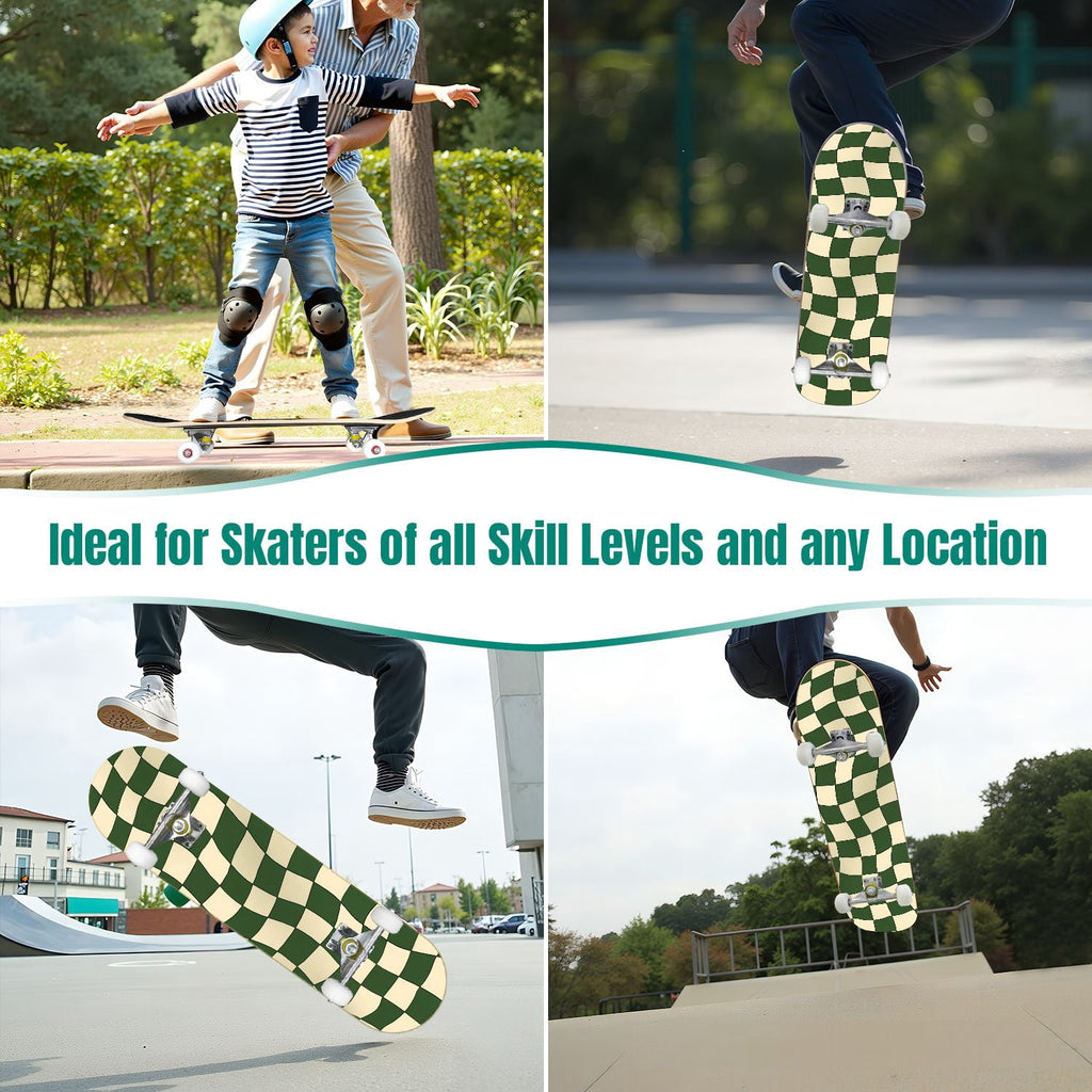 31"x8" Complete Skateboards for Beginners,Black Pink Checkered Retro Aesthetic Double Kick 7 Ply Canadian Maple Deck Skateboard with Wheels, Gifts for Kids Teens