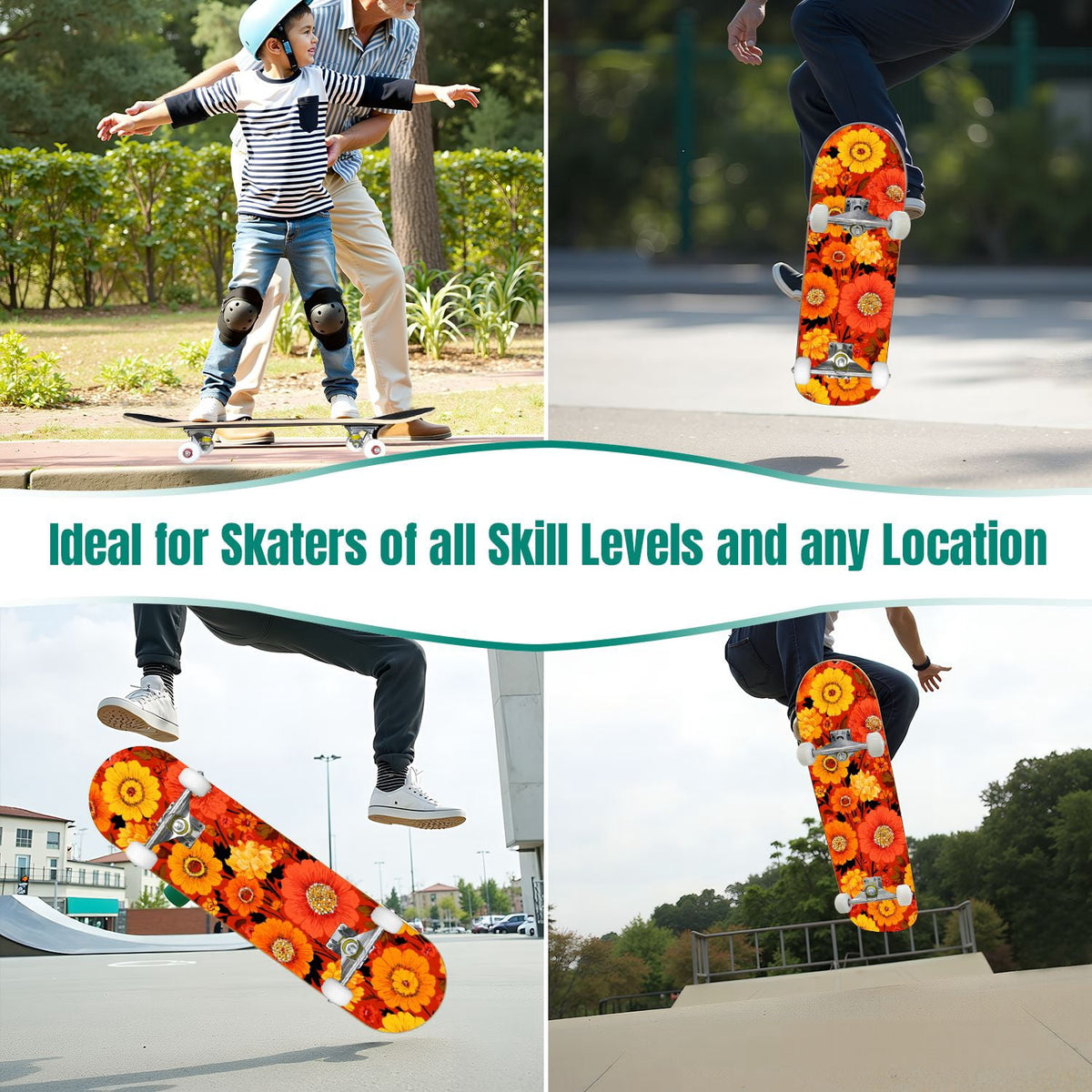 Elegant Cream Peach Peony Floral Green 31" x 8" Complete Skateboard, 7-Ply Canadian Maple Double Kick Trick Board for Kids and Beginners Adult Gifts
