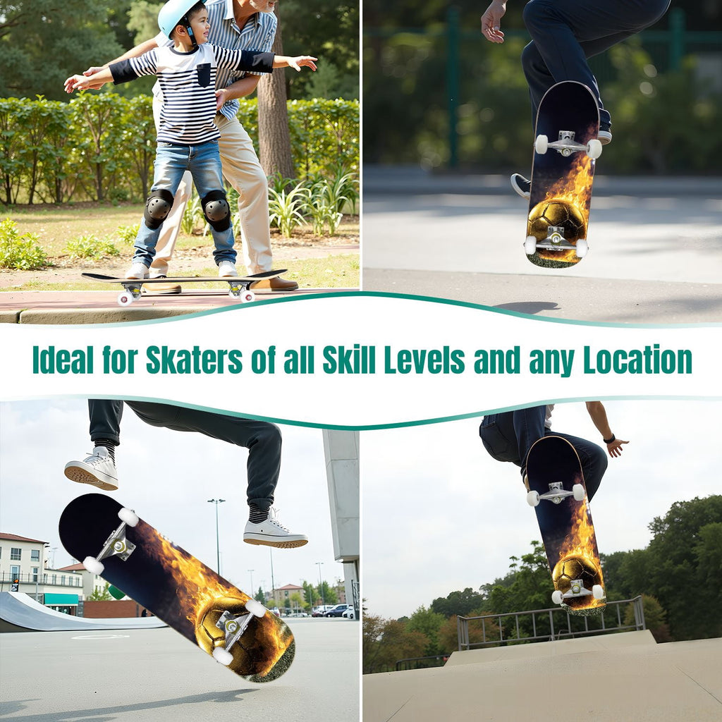 31"x8" Complete Skateboards for Beginners,Orange Basketball Hoop Blue Sky Clouds Double Kick 7 Ply Canadian Maple Deck Skateboard with Wheels, Gifts for Kids Teens