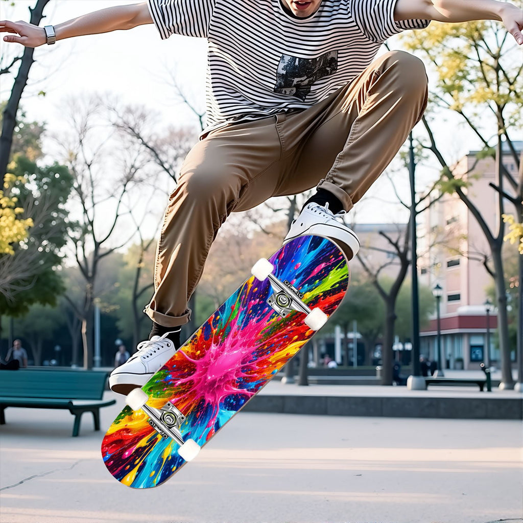 Complete Skateboard Paint Splash Explosion 31 Inch 7-Ply Maple Skateboard with PU Wheels and Aluminum Trucks, Ready-to-Ride Skateboard for Beginners, Teens and Adults