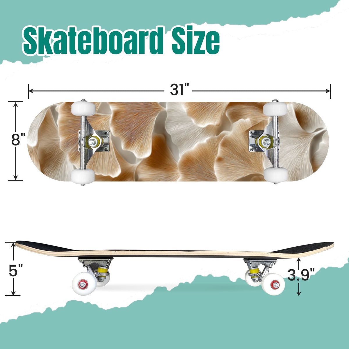 Beige Waves Flowing Lines 3D Effect 31" x 8" Complete Skateboard, 7-Ply Canadian Maple Double Kick Trick Board for Kids and Beginners Adult Gifts