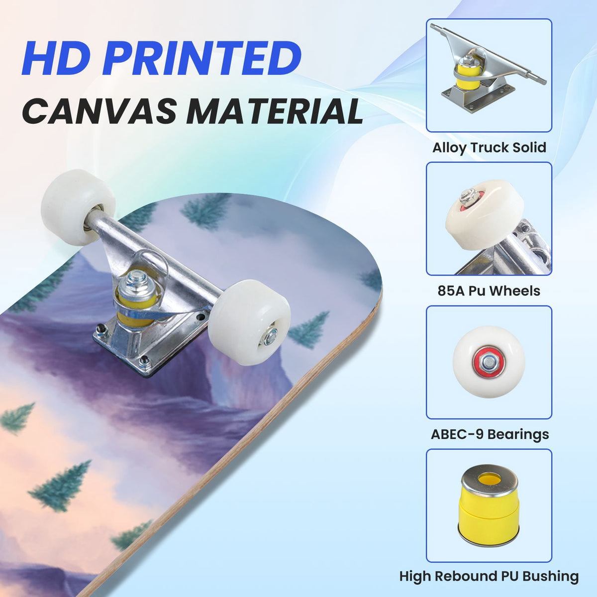 31"x8" Complete Skateboards for Beginners,Cartoon Hand Drawn Ice Cream Doodles Seamless Cones Cupcakes Double Kick 7 Ply Canadian Maple Deck Skateboard with Wheels, Gifts for Kids Teens
