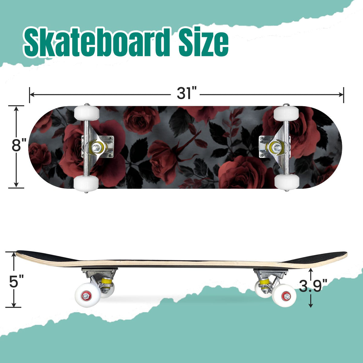 Gothic Purple Blue Floral Dark 31" x 8" Complete Skateboard, 7-Ply Canadian Maple Double Kick Trick Board for Kids and Beginners Adult Gifts