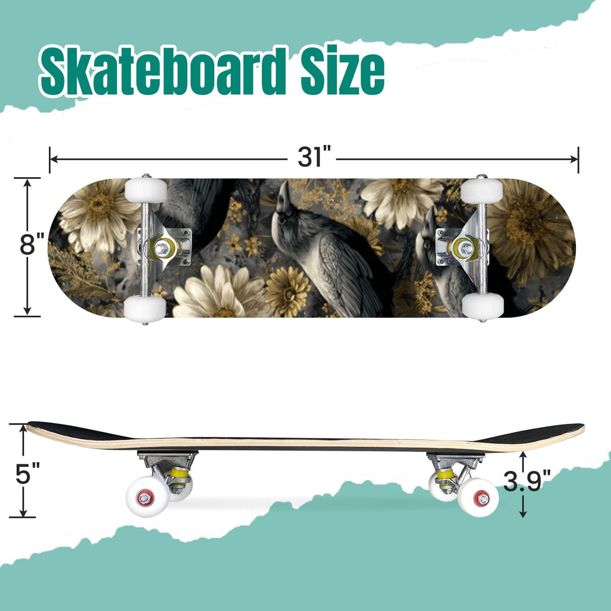 Gothic Purple Blue Floral Dark 31" x 8" Complete Skateboard, 7-Ply Canadian Maple Double Kick Trick Board for Kids and Beginners Adult Gifts