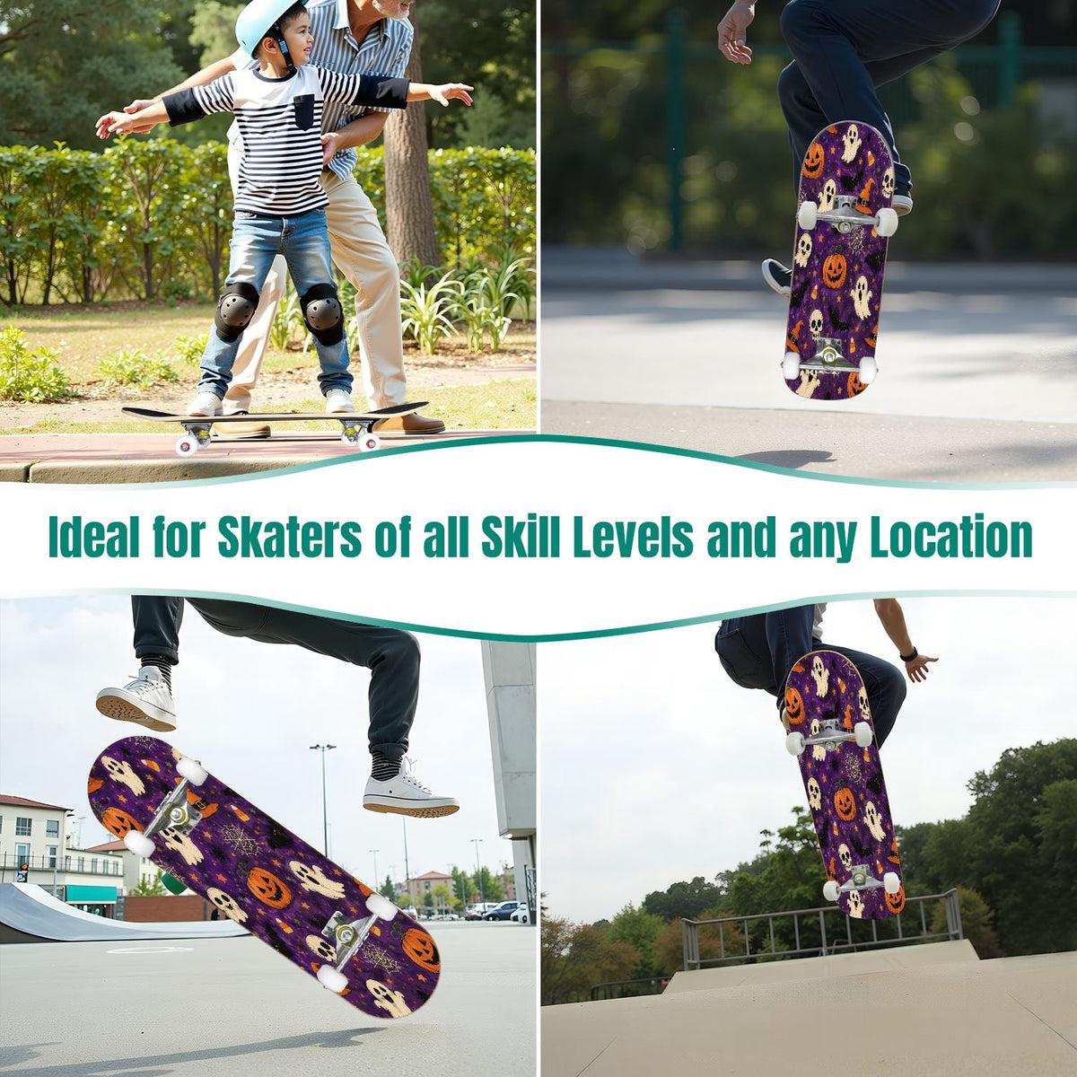 31"x8" Complete Skateboards for Beginners,Halloween Black Cats Pumpkins Ghosts Bats Beige Double Kick 7 Ply Canadian Maple Deck Skateboard with Wheels, Gifts for Kids Teens