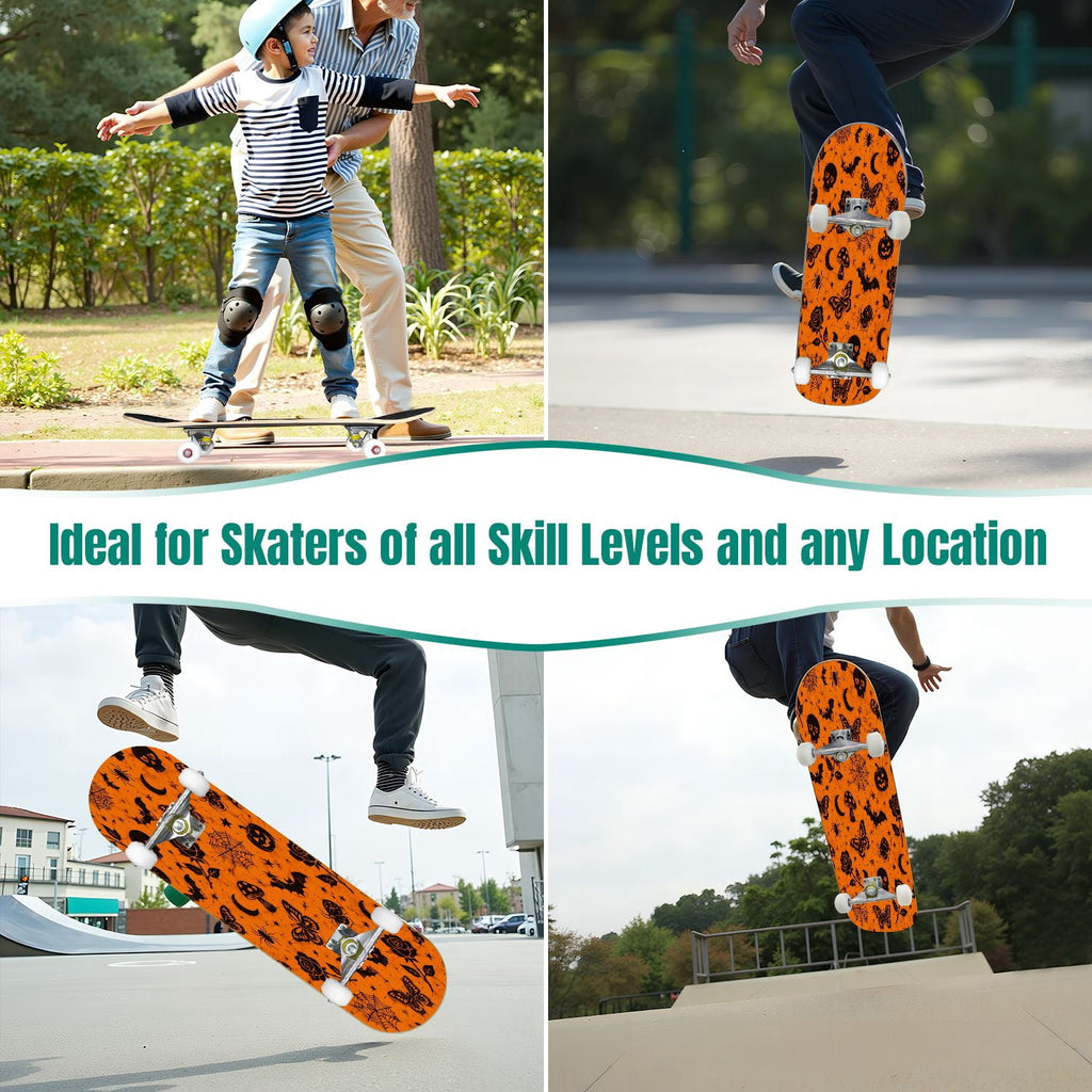 31"x8" Complete Skateboards for Beginners,Halloween Black Cats Pumpkins Ghosts Bats Beige Double Kick 7 Ply Canadian Maple Deck Skateboard with Wheels, Gifts for Kids Teens
