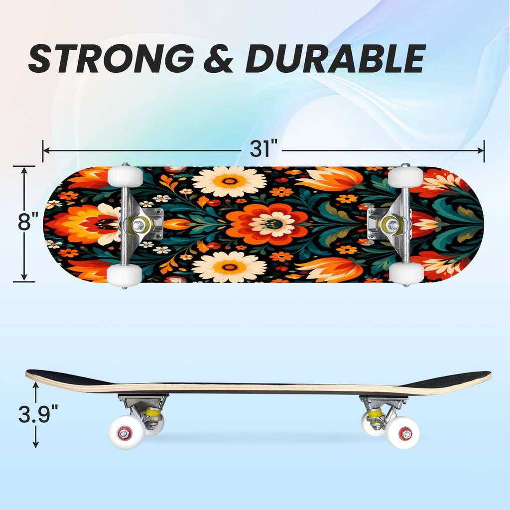 31"x8" Complete Skateboards for Beginners, Colorful Sugar Skull Vibrant Floral Day of the Dead Double Kick 7 Ply Canadian Maple Deck Skateboard with Wheels, Gifts for Kids Teens