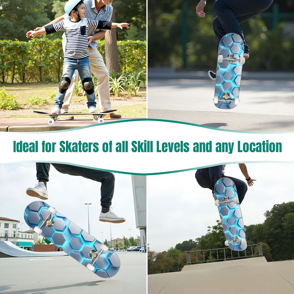 Futuristic Hexagonal Metallic Blue Glowing Orange Highlights 31" x 8" Complete Skateboard, 7-Ply Canadian Maple Double Kick Trick Board for Kids and Beginners Adult Gifts