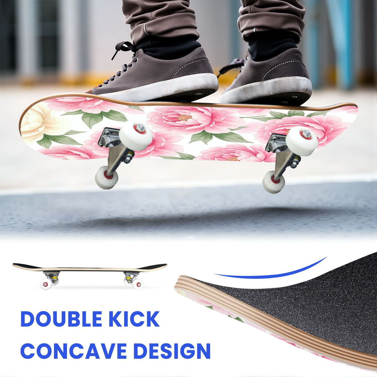 31"x8" Complete Skateboards for Beginners, Seamless Pink Peony Floral Cream Double Kick 7 Ply Canadian Maple Deck Skateboard with Wheels, Gifts for Girls Teens
