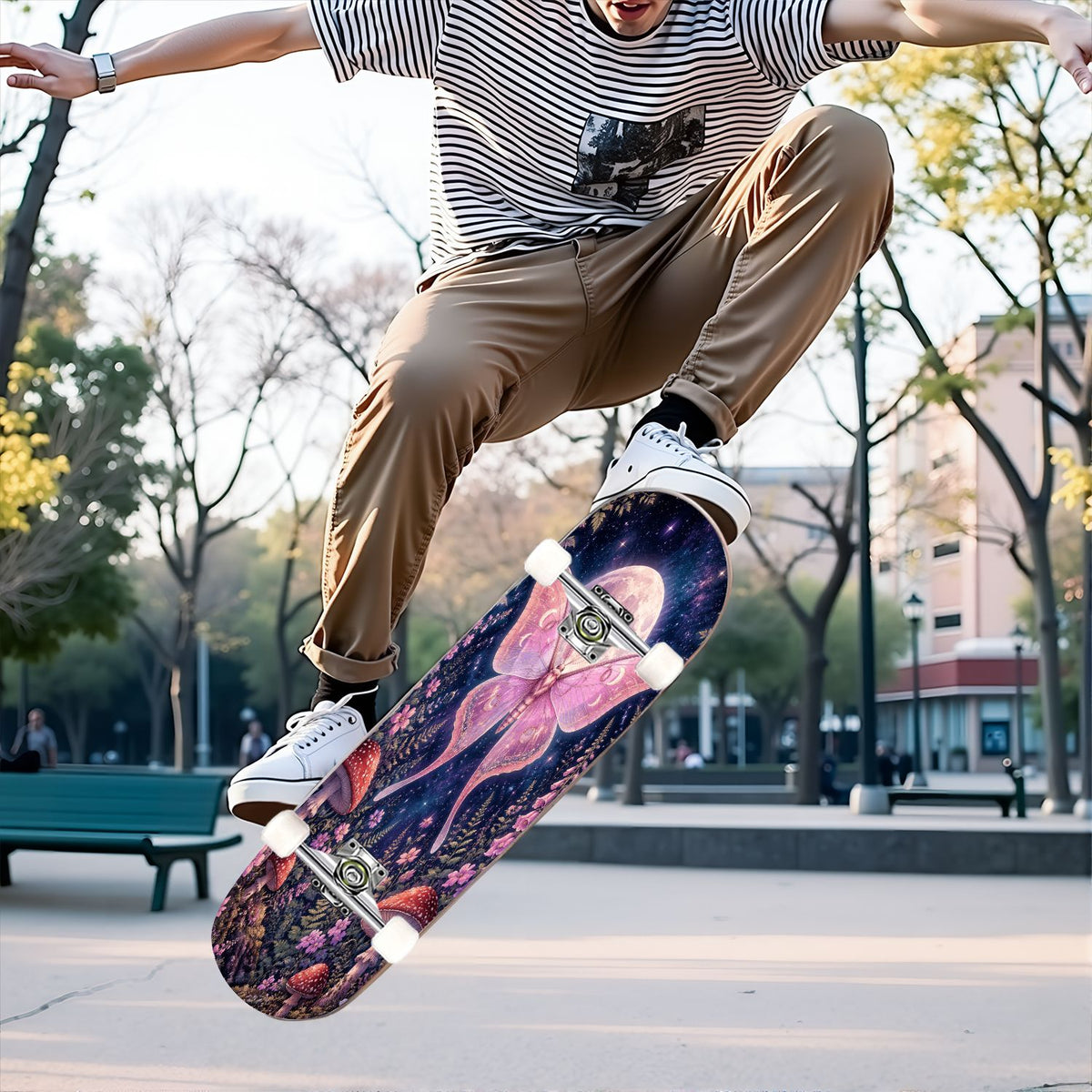 31"x8" Complete Skateboards for Beginners, Glowing Bioluminescent Mushrooms Mystical Forest Double Kick 7 Ply Canadian Maple Deck Skateboard with Wheels, Gifts for Kids Teens