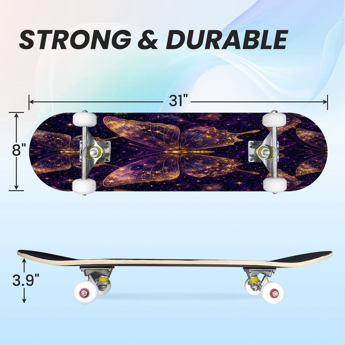 31"x8" Complete Skateboards for Beginners, Mystical Purple Butterfly Glowing Mushrooms Under Full Moon Double Kick 7 Ply Canadian Maple Deck Skateboard with Wheels, Gifts for Kids Teens
