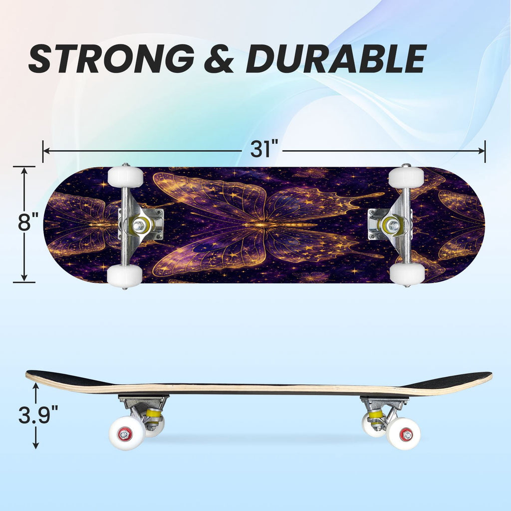 31"x8" Complete Skateboards for Beginners, Purple Floral Roses Butterfly Starry Vintage Botanical Double Kick 7 Ply Canadian Maple Deck Skateboard with Wheels, Gifts for Kids Teens