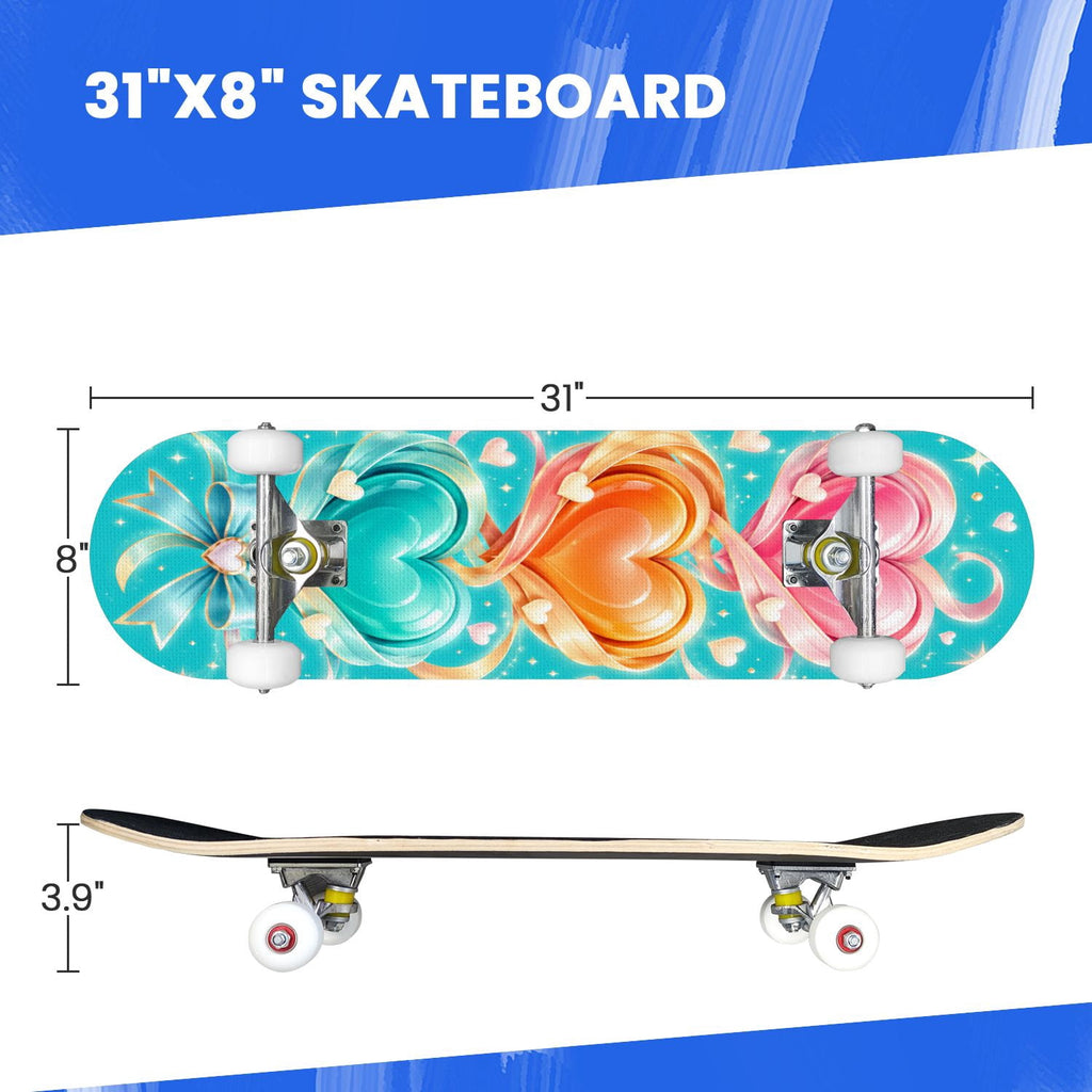 Complete Skateboard Colorful Hearts Graffiti 31 Inch 7-Ply Maple Skateboard with PU Wheels and Aluminum Trucks, Ready-to-Ride Skateboard for Beginners, Teens and Adults