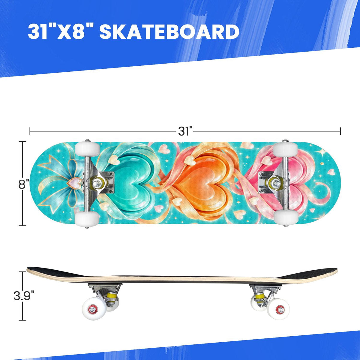 Complete Skateboard Colorful Hearts Graffiti 31 Inch 7-Ply Maple Skateboard with PU Wheels and Aluminum Trucks, Ready-to-Ride Skateboard for Beginners, Teens and Adults