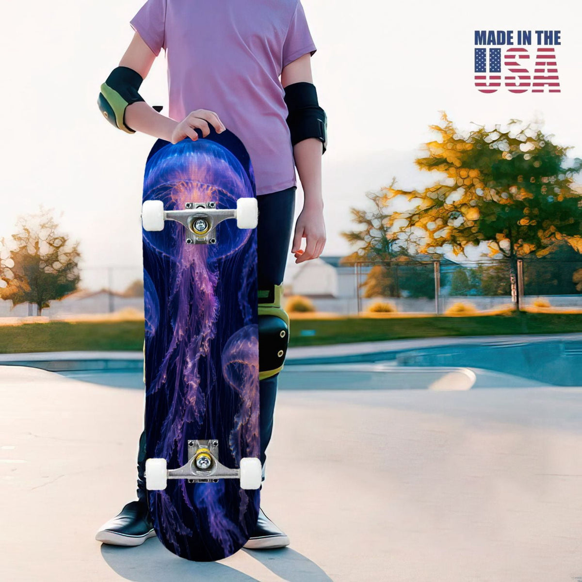 31"x8" Complete Skateboards for Beginners, Underwater Sharks Glowing Purple Jellyfish Marine Life Double Kick 7 Ply Canadian Maple Deck Skateboard with Wheels, Gifts for Kids Teens