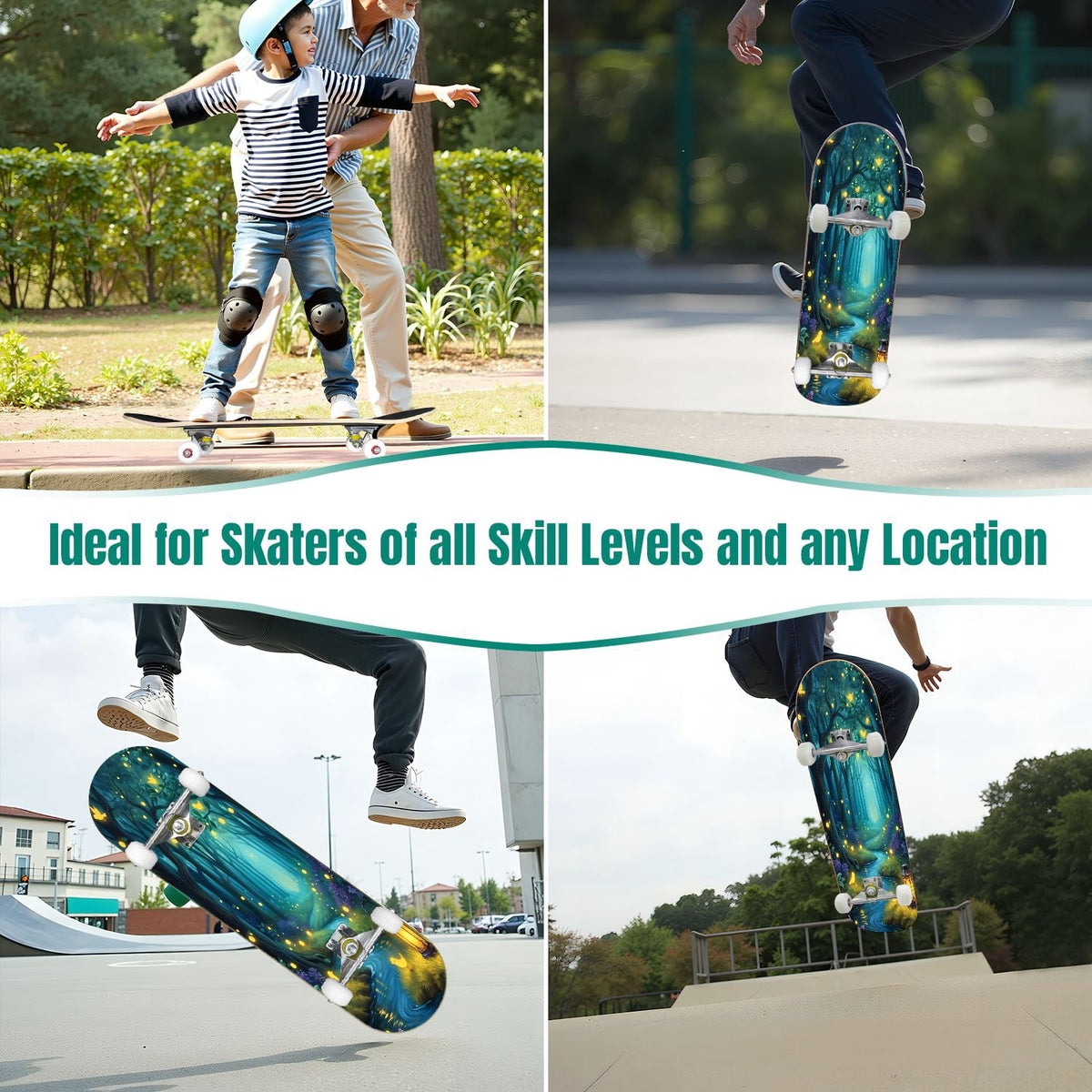 31"x8" Complete Skateboards for Beginners, Magical Forest Glowing Mushrooms Twinkling Fantasy Double Kick 7 Ply Canadian Maple Deck Skateboard with Wheels, Gifts for Kids Teens