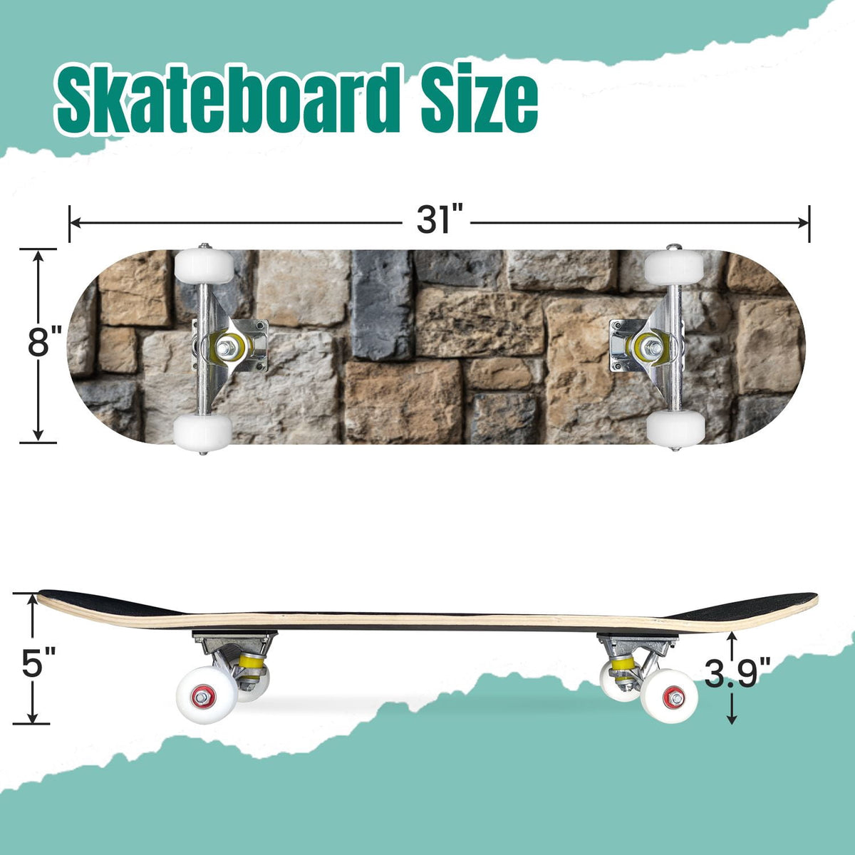 Autumn Forest Camouflage Oak Leaves Tree Branches 31" x 8" Complete Skateboard, 7-Ply Canadian Maple Double Kick Trick Board for Kids and Beginners Adult Gifts