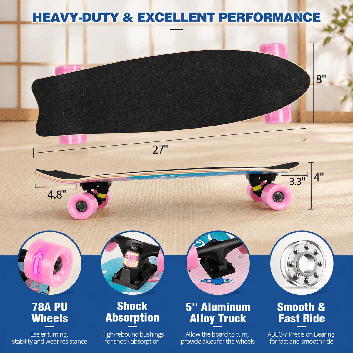 Rainbow 27 x 8 Inch Complete Cruiser Skateboard for Teens Adults Beginners