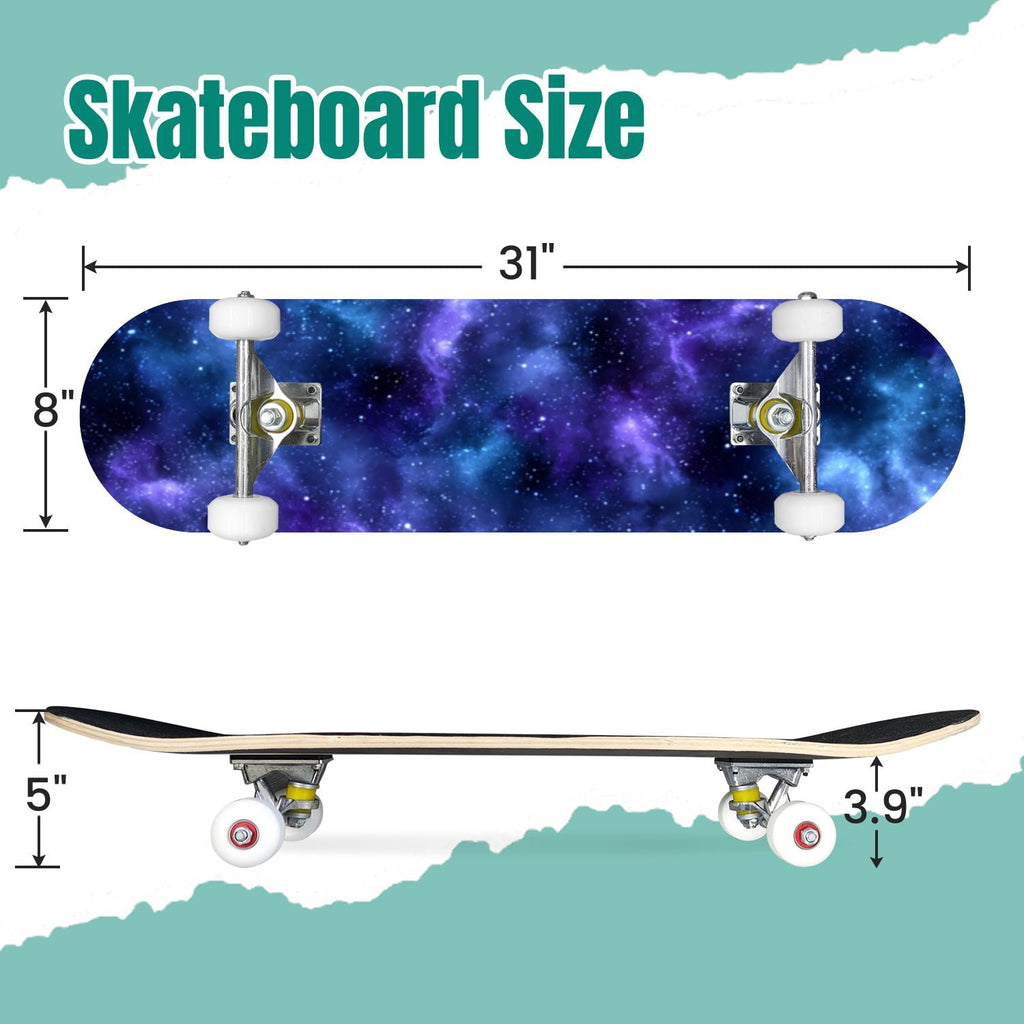 Starry Nebula Deep Blue Purple Tones Cosmic Clouds Stars 31" x 8" Complete Skateboard, 7-Ply Canadian Maple Double Kick Trick Board for Kids and Beginners Adult Gifts
