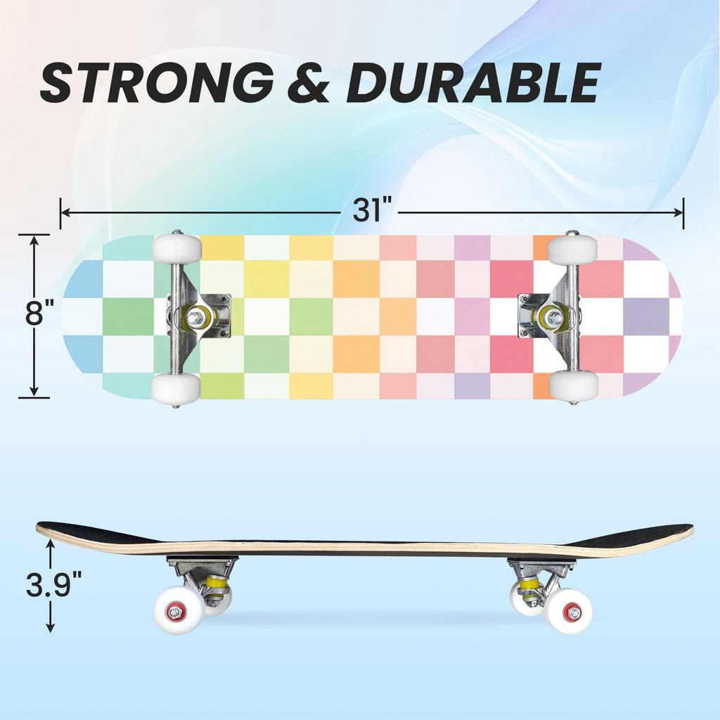 31"x8" Complete Skateboards for Beginners,Light Green White Gingham Checkered Double Kick 7 Ply Canadian Maple Deck Skateboard with Wheels, Gifts for Kids Teens