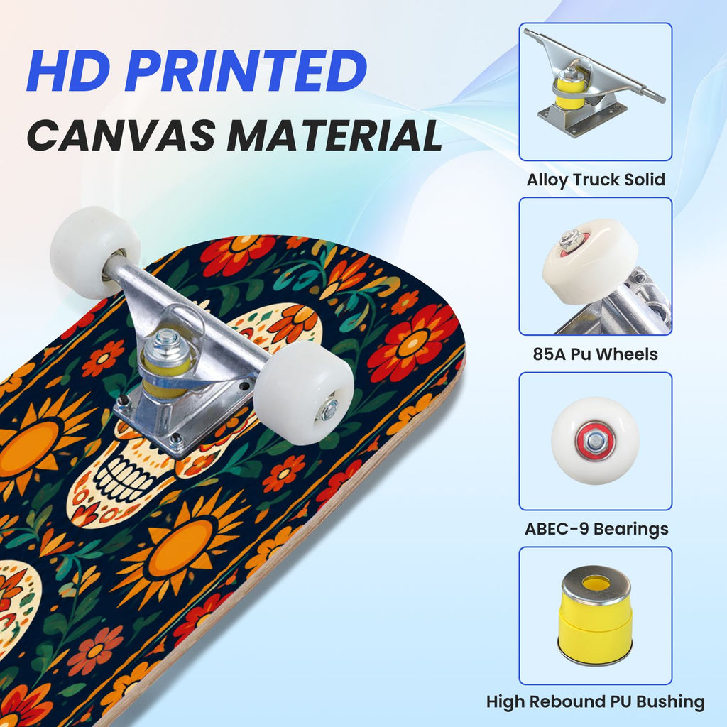 31"x8" Complete Skateboards for Beginners, Colorful Sugar Skull Vibrant Floral Day of the Dead Double Kick 7 Ply Canadian Maple Deck Skateboard with Wheels, Gifts for Kids Teens