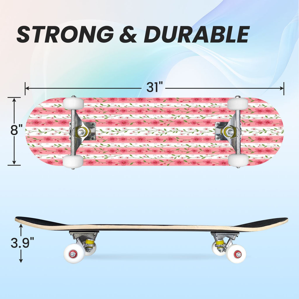 31"x8" Complete Skateboards for Beginners, Pink Floral Striped Delicate Leaves Flowers Botanical Double Kick 7 Ply Canadian Maple Deck Skateboard with Wheels, Gifts for Girls Teens