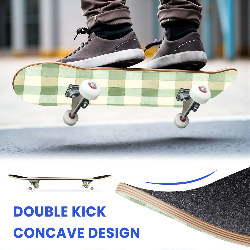 31"x8" Complete Skateboards for Beginners,Mint Green White Plaid Tartan Subtle Double Kick 7 Ply Canadian Maple Deck Skateboard with Wheels, Gifts for Kids Teens
