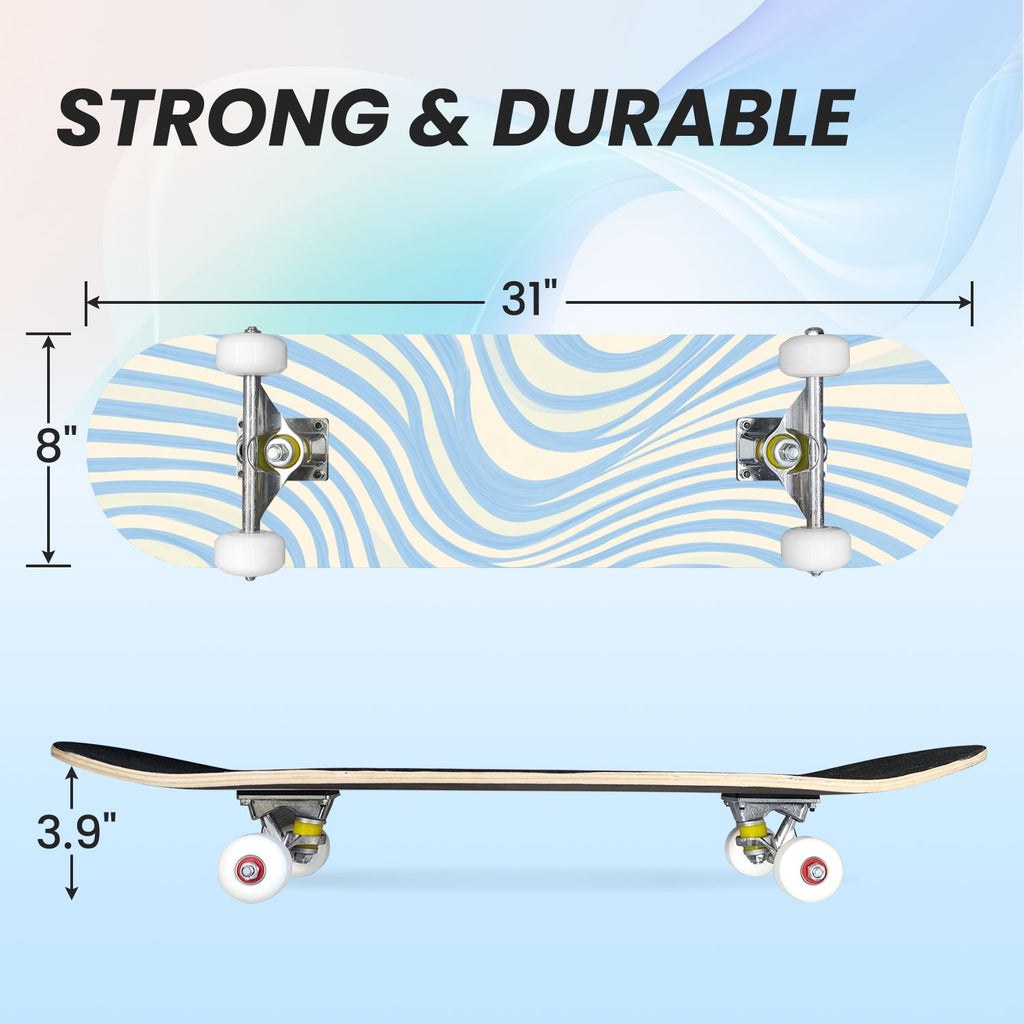 31"x8" Complete Skateboards for Beginners, Abstract Pastel Swirl Soft Earthy Tones Double Kick 7 Ply Canadian Maple Deck Skateboard with Wheels, Gifts for Kids Teens