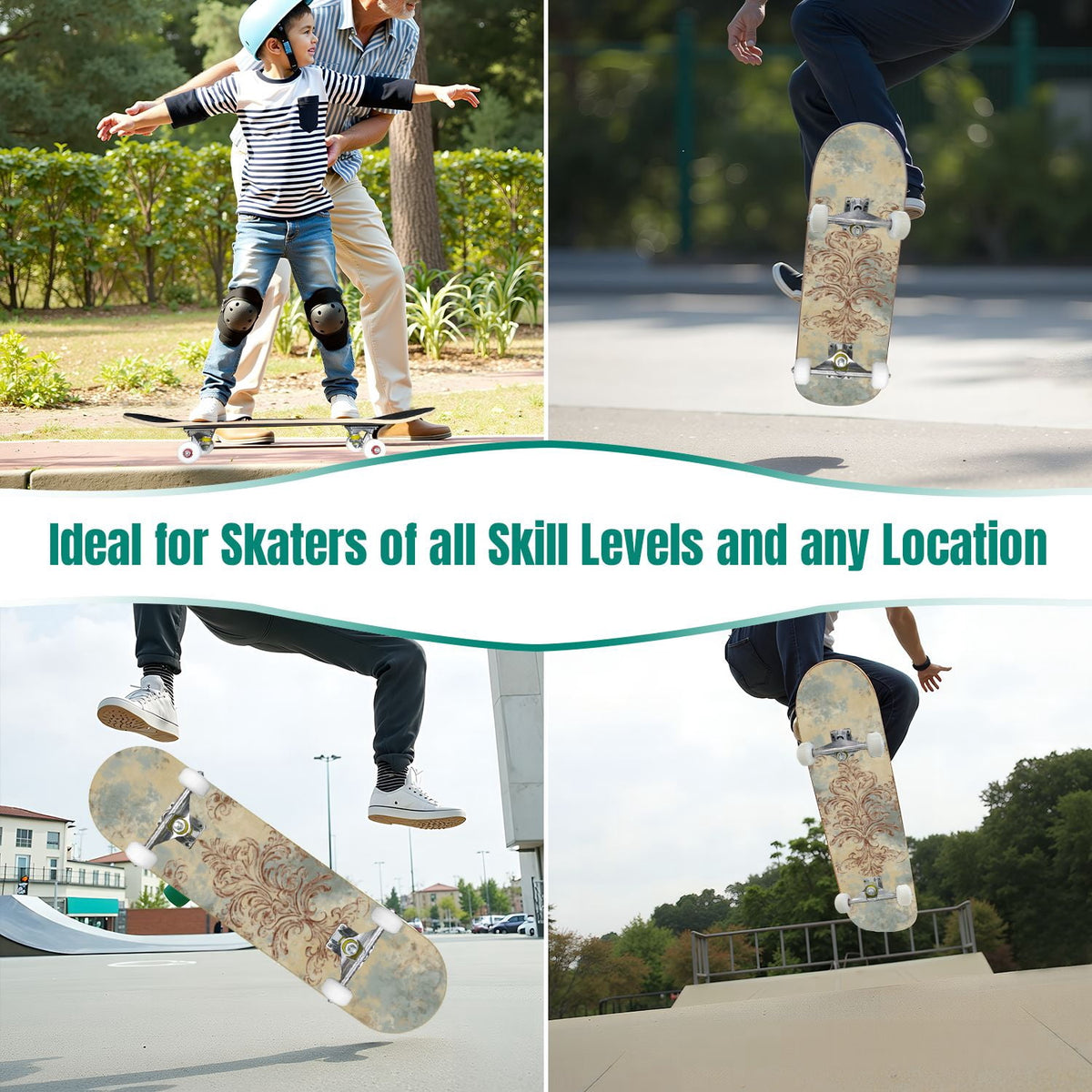 Elegant Purple Damask 31" x 8" Complete Skateboard, 7-Ply Canadian Maple Double Kick Trick Board for Kids and Beginners Adult Gifts