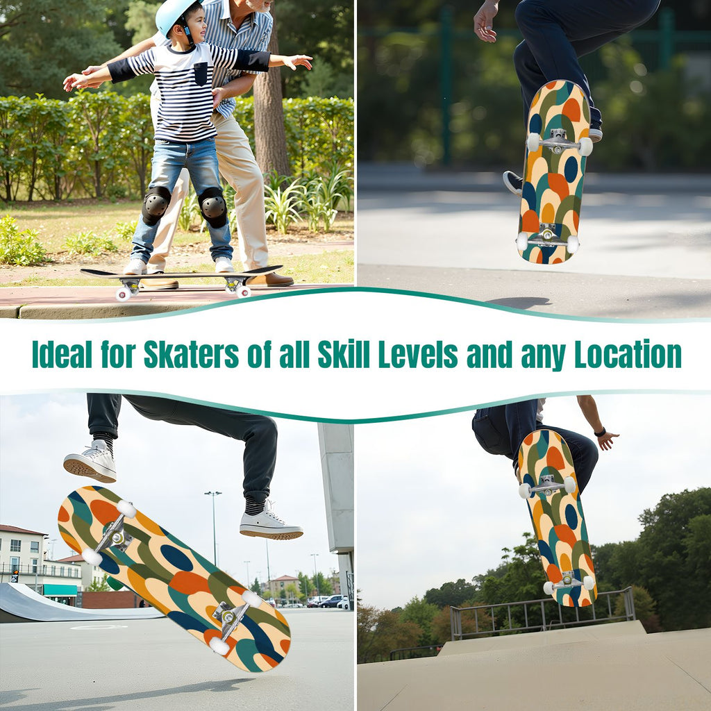 Abstract Geometric Curved Shapes Earthy Tones 31" x 8" Complete Skateboard, 7-Ply Canadian Maple Double Kick Trick Board for Kids and Beginners Adult Gifts