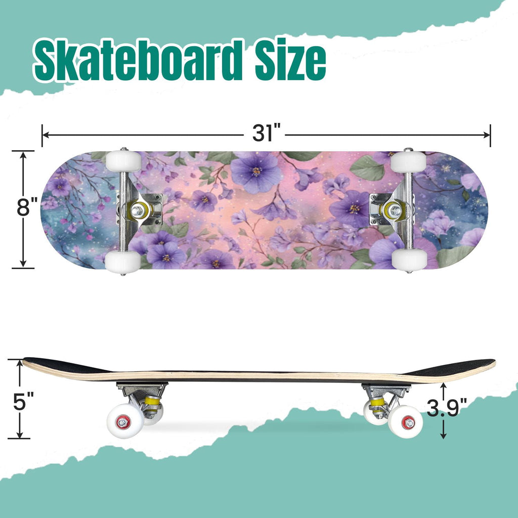 Vintage Floral Bird Sepia Tones 31" x 8" Complete Skateboard, 7-Ply Canadian Maple Double Kick Trick Board for Kids and Beginners Adult Gifts