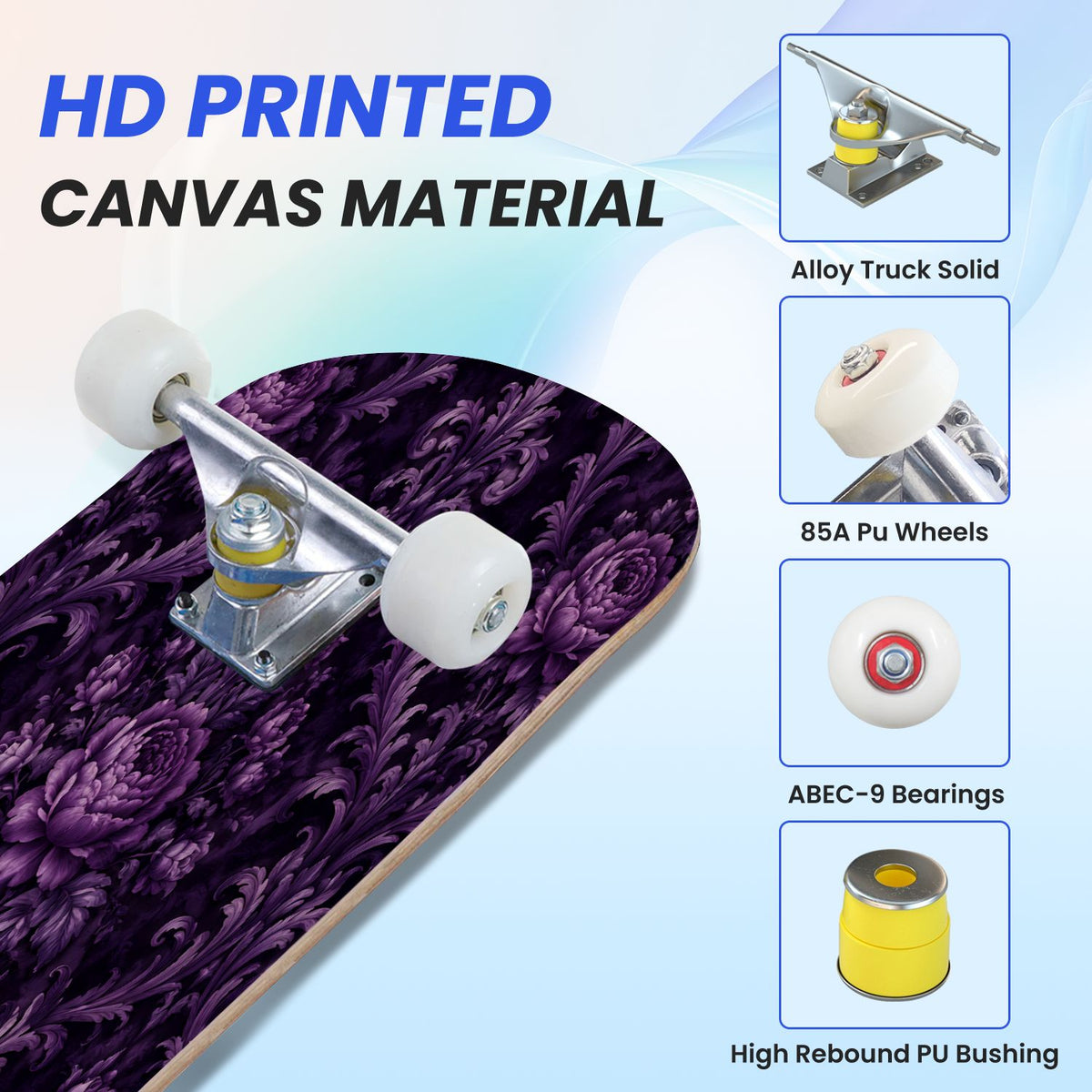 31"x8" Complete Skateboards for Beginners, Purple White Cosmos Flowers Butterflies Watercolor Double Kick 7 Ply Canadian Maple Deck Skateboard with Wheels, Gifts for Kids Teens