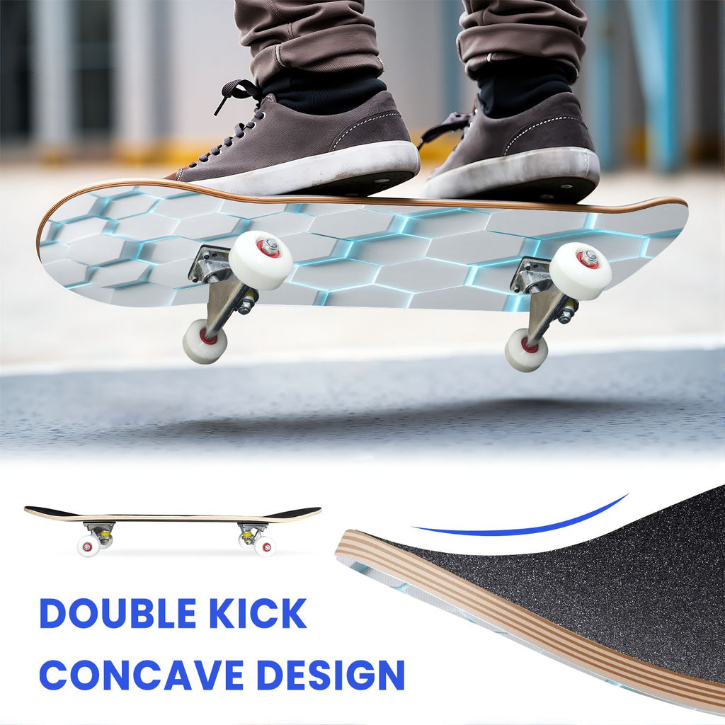 31"x8" Complete Skateboards for Beginners, Modern Abstract Hexagonal Blue Neon Glow Futuristic Double Kick 7 Ply Canadian Maple Deck Skateboard with Wheels, Gifts for Boys Teens