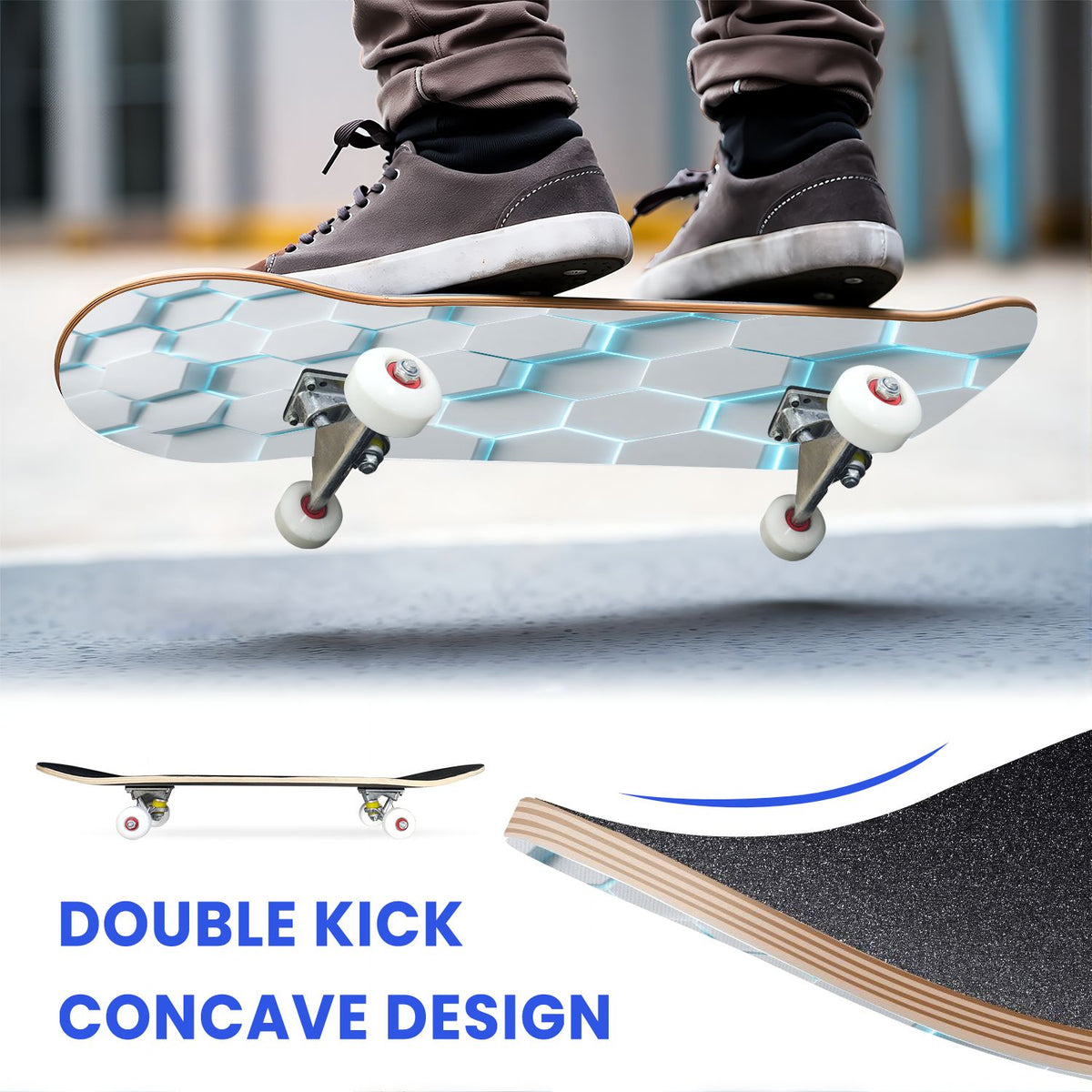 31"x8" Complete Skateboards for Beginners, Modern Abstract Hexagonal Blue Neon Glow Futuristic Double Kick 7 Ply Canadian Maple Deck Skateboard with Wheels, Gifts for Boys Teens